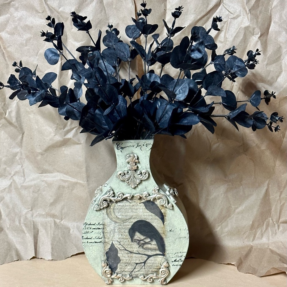 Handcrafted Halloween/Fall themed Wooden Vase with Black Faux Flowers